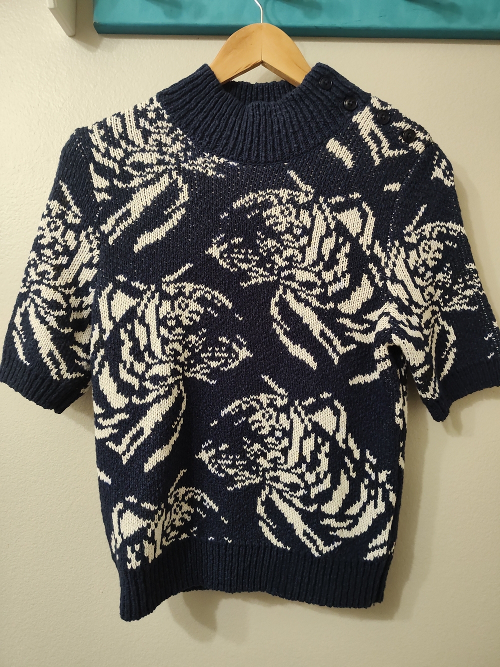 Maeve Anthropologie Divendra Navy & Cream Floral Jacquard Short-Sleeve Mock Neck